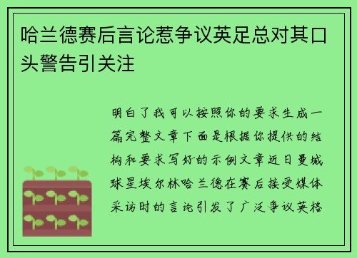 哈兰德赛后言论惹争议英足总对其口头警告引关注