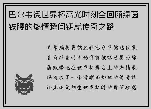 巴尔韦德世界杯高光时刻全回顾绿茵铁腰的燃情瞬间铸就传奇之路