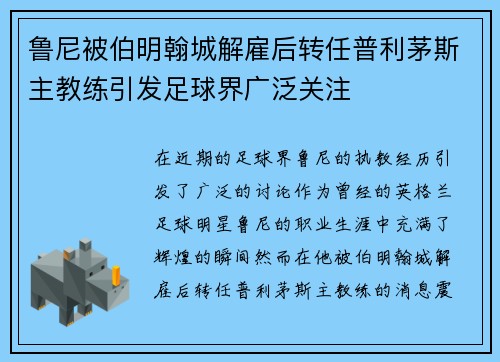 鲁尼被伯明翰城解雇后转任普利茅斯主教练引发足球界广泛关注 鲁尼被伯明翰城解雇后转任普利茅斯主教练引发足球界广泛关注