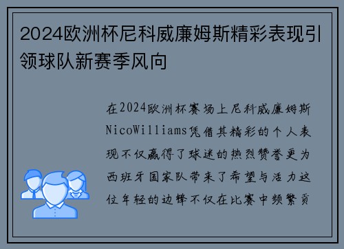 2024欧洲杯尼科威廉姆斯精彩表现引领球队新赛季风向